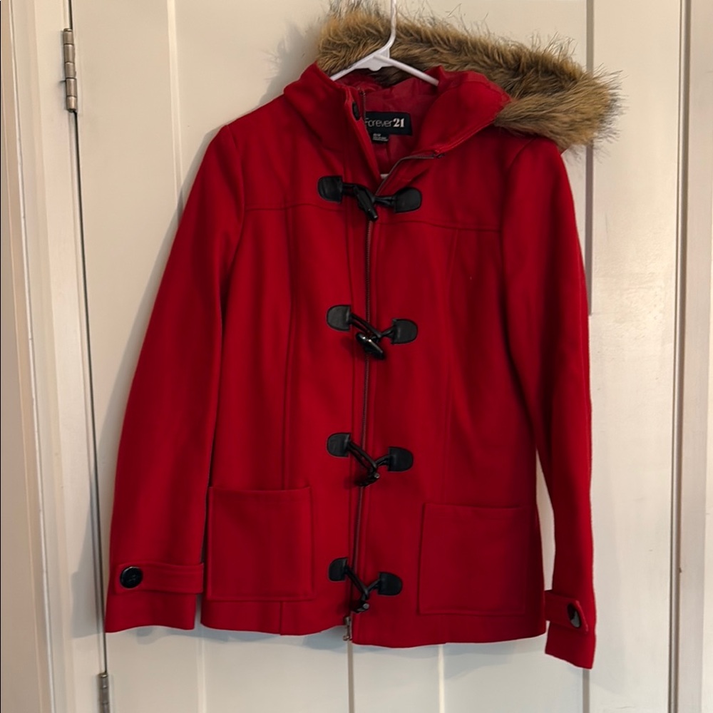 Forever 21 Red Toggle Coat with Faux Fur Hood